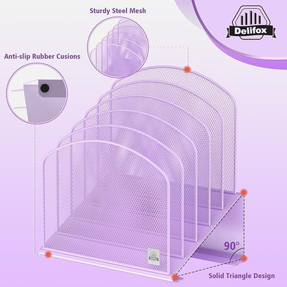 Inclined Desk File Organizer, 5-Section Vertical File Folder Holder Stand Metal Rack File Sorter for Office Classroom Desktop Organization (Purple, 2Pack)