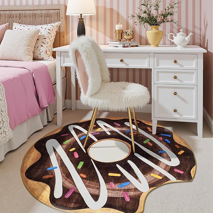 jinchan Cute Round Rug 5ft Chocolate Donut Fun Rug Washable Playroom Mat Sweet Dessert Circle Cool Rug Non Slip 5' Round Soft Cozy Floor Mat Funky Gift for Kids Teens Dorm Bedroom Living Room
