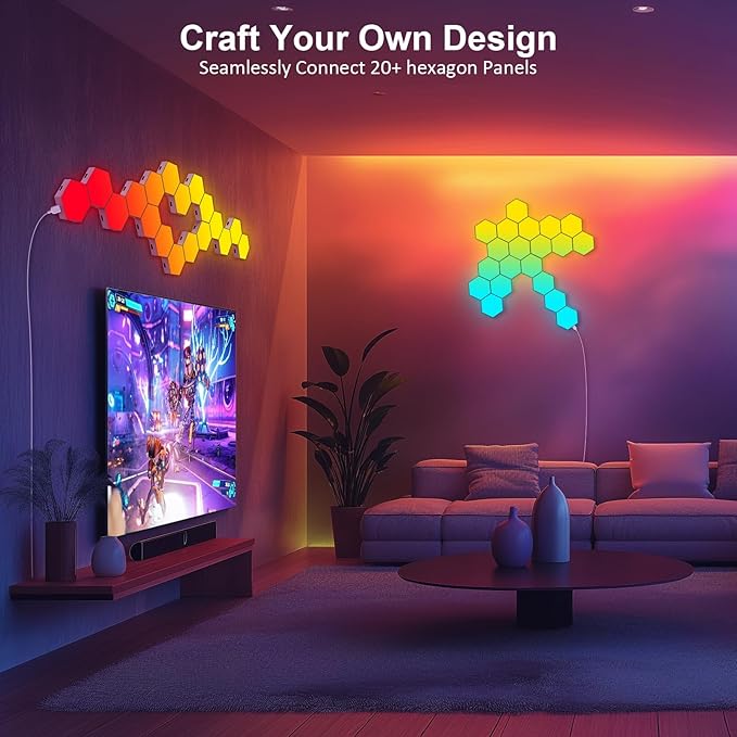 Hexagon LED Light Panels 8 Pack – RGB Wall Decor Lights with Music Sync, App & Remote – Modular Home & Christmas Decor for Bedroom, Living Room, and Room Decor