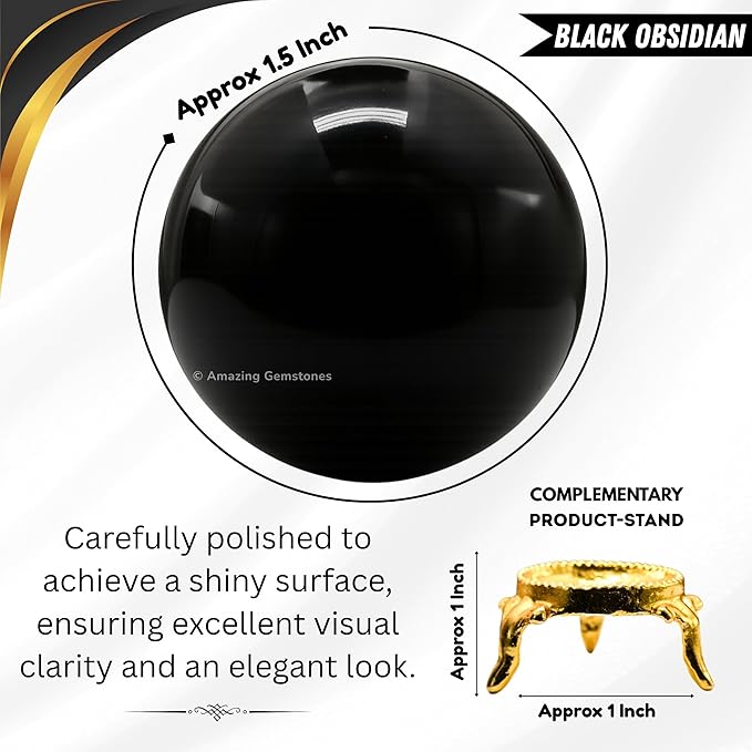 Amazing Gemstone Black Obsidian Crystal Ball with Stand - 1.5" Inches Crystal Sphere Meditation Balls for Witchcraft and Decorative Balls