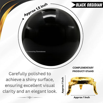Amazing Gemstone Black Obsidian Crystal Ball with Stand - 1.5" Inches Crystal Sphere Meditation Balls for Witchcraft and Decorative Balls