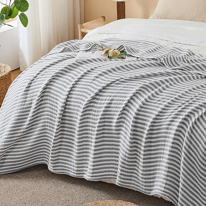 EMME Cotton Muslin Twin Blanket Breathable Gauze Soft Lightweight Adults Gifts for Women (Striped Grey, 60"x80")