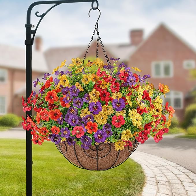 Artificial Faux Hanging Flowers Plants Basket for Outdoors Outside Spring Summer Decoration,Hanging Planters with Silk Fake Flowers Realistic UV Resistant Balcony Porch Garden Patio Home(4 Multicolor)