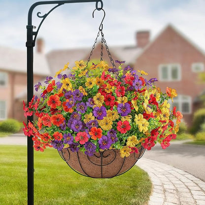 Artificial Faux Hanging Flowers Plants Basket for Outdoors Outside Spring Summer Decoration,Hanging Planters with Silk Fake Flowers Realistic UV Resistant Balcony Porch Garden Patio Home(4 Multicolor)