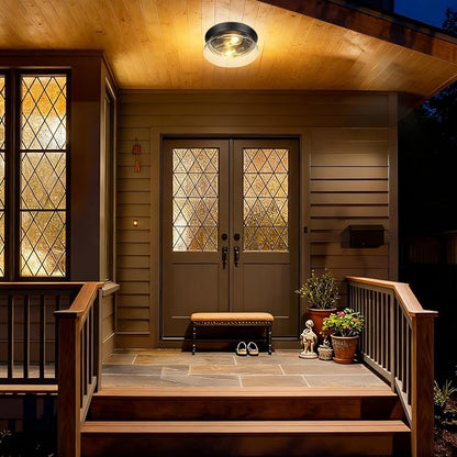 Motion Sensor Outdoor Ceiling Light, Black Modern Flush Mount Light Fixture with Clear Glass, Farmhouse Waterproof Ceiling Light for Porch, Patio, Hallway, Entryway, Garage (2 Blub Needed)