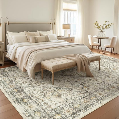 zesthome 8x10 Area Rugs for Living Room,Non-Slip Backing Washable Rugs,Vintage Large Area Rug，Stain Resistant Home Decor Rug (Beige/Brown,8'x10')