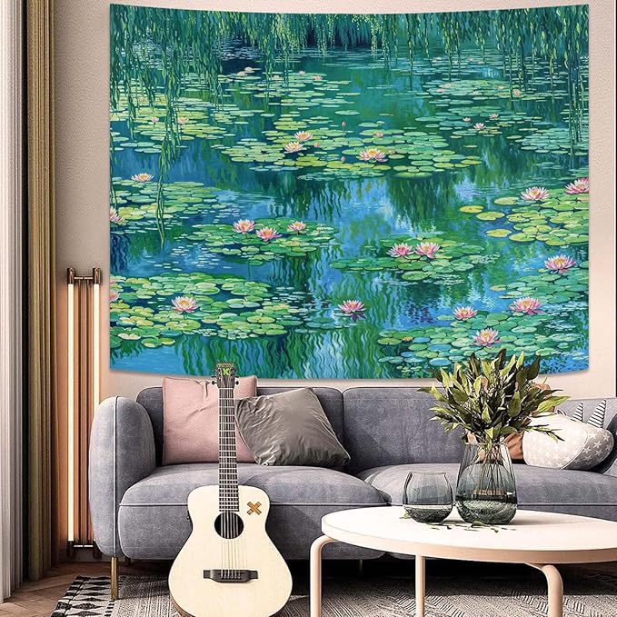 kampdream Landscape Tapestry, Scenery Art Wall Tapestries, Nature Wall Decor for Bedroom Living Room Backdrop Impressionist Pond Lotus 60×80 inches