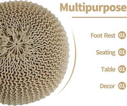 HOMBYS Unstuffed Ottoman Pouf Cover, 100% Cotton Handmade Knitted Ottoman Pouf Cover Round Foot Stool, Floor Bean Bag Chair, Foot Rest Storage for Living Room Bedroom, Khaki(Cover ONLY NO Filler)