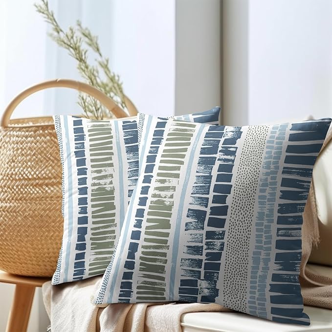 Blue Green Pillow Covers 16x16 Set of 2 Boho Striped Dots Print Pattern Decorative Outdoor Zipper Pillowcases Rustic Decoration Farmhouse Linen Throw Cushion Cover Decor for Home Couch Sofa Bed