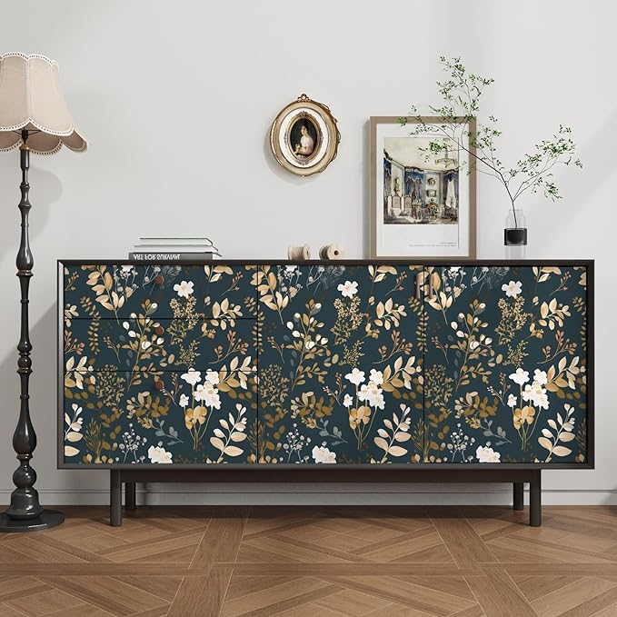 Navy Floral Wallpaper Peel and Stick Boho Wallpaper Vintage Blue/Gold Leaf Contact Paper Waterproof Self Adhesive Modern Wall Paper for Cabinet Walls Kitchen 17.5in x393in