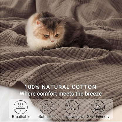 100% Cotton Muslin Blanket Queen 90" x 90", Breathable and Lightweight Cotton Throw Blankets for Bed, Soft Cooling Summer Gauze Blanket for Adults All Season, Tan