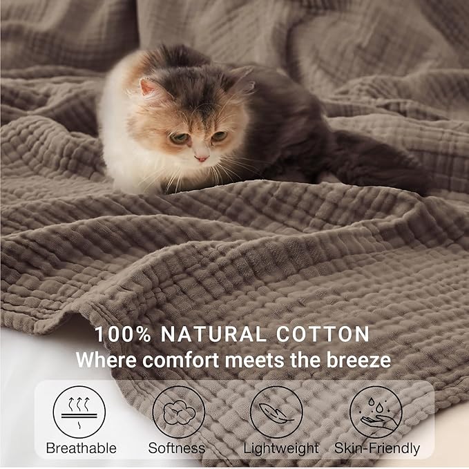 100% Cotton Muslin Blanket 50" x 60", Breathable and Lightweight Cotton Throw Blankets for Couch, Soft Cooling Summer Gauze Blanket for Adults All Season, Tan