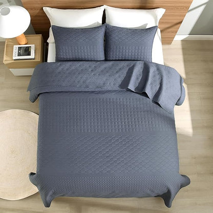 HORIMOTE HOME Steel Blue Twin Size Quilt Set - Soft Microfiber Bedspread with 1 Sham, Lightweight & All-Season Geometric Coverlet for Cozy Bedding