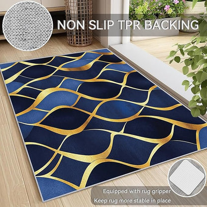 Contemporary Rugs for Bedroom - Abstract Geometric Rug, 4x6 Rug, Navy Blue Gold Area Rug & Room Decor, Modern Carpet & Home Decor, Washable Non Slip Anti Skid Rugs