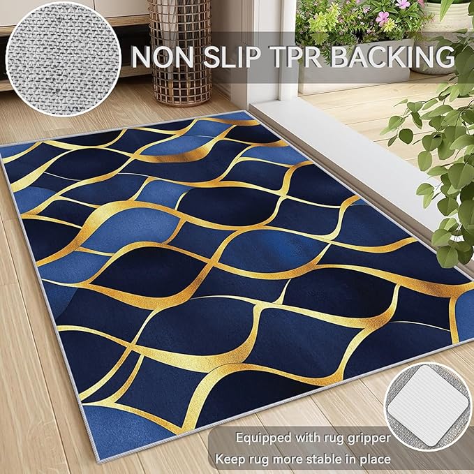 Contemporary Rugs for Bedroom - Abstract Geometric Rug, 2x3 Rug, Navy Blue Gold Area Rug & Room Decor, Modern Carpet & Home Decor, Washable Non Slip Anti Skid Rugs