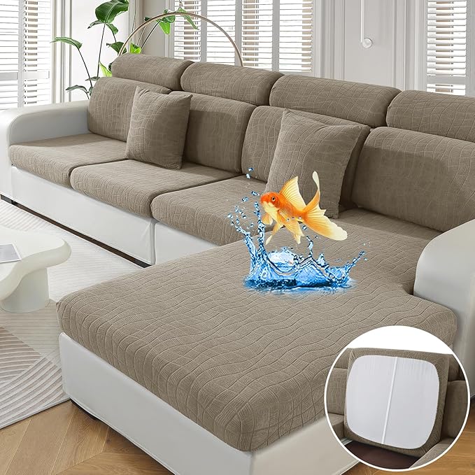 MAXIJIN Waterproof 3 Pieces Couch Cushion Covers for Sectional Sofa Seat Slipcover Stretch Sectional Couch Cover for L Shape Left/Right Chaise with Elastic Bottom (2 Seater + 1 Chaise, Khaki)