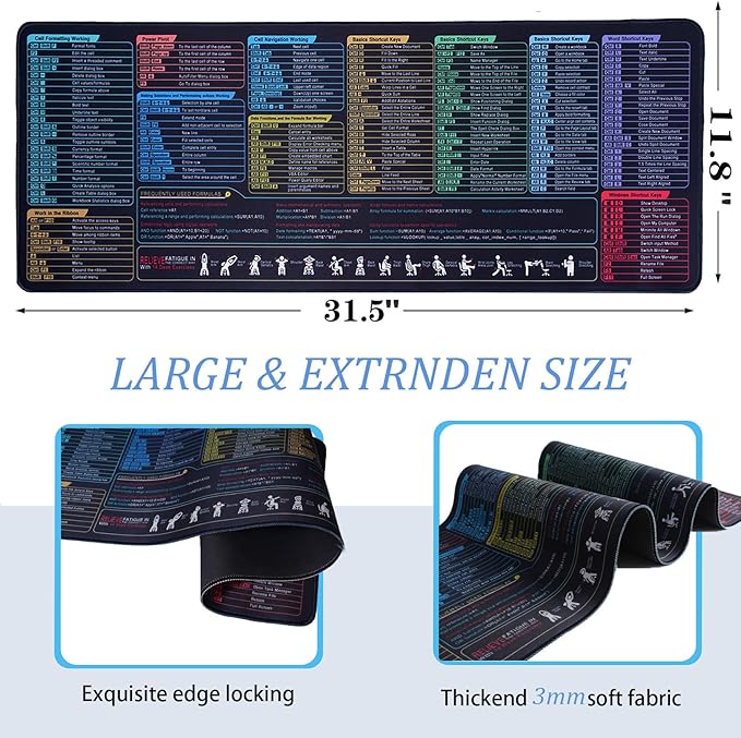 Excel Shortcuts Mouse Pad | XL Large(31.5x11.8 in) Waterproof Desk Mat with Basics Formulas & Over 200 Keyboard Shortcuts for Office, Work & Gaming, Non-Slip Rubber Base