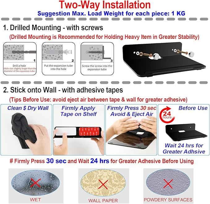 Cosmos Set of 2 Acrylic Floating Wall Shelves Hanging Shelves, Adhesive Wall Display Shelf Stand for Plant Pot, Speaker, Security Camera, Figures in Office and Home, 7.8 x 5.8 Inch (Solid Black)