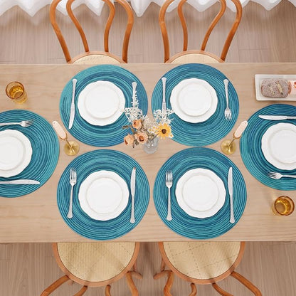SHACOS 15 inch Round Placemats Set of 6 Variegated Multicolor Place Mats Cotton Polyester Braided Non Slip Washable Heat Resistant Table Mats for Home Wedding Dinner Party Table Decor, Rainbow Teal
