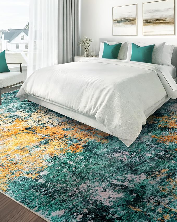 Washable Area Rug for Living Room: 10X14 Modern Abstract Neutral Soft Rug for Bedroom Dining Room No Slip Low Pile Carpet for Nursery Home Office - Teal/Orange