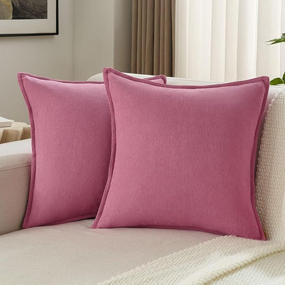 FUTEI Hot Pink Chenille Throw Pillow Covers 24x24 Inch Set of 2,Edges Double-Stitched European Cushion Cases,Modern Home Decor for Couch Living Room