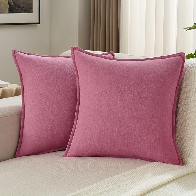FUTEI Hot Pink Chenille Throw Pillow Covers 18x18 Inch Set of 2,Edges Double-Stitched Cushion Cases,Modern Home Decor for Couch Living Room