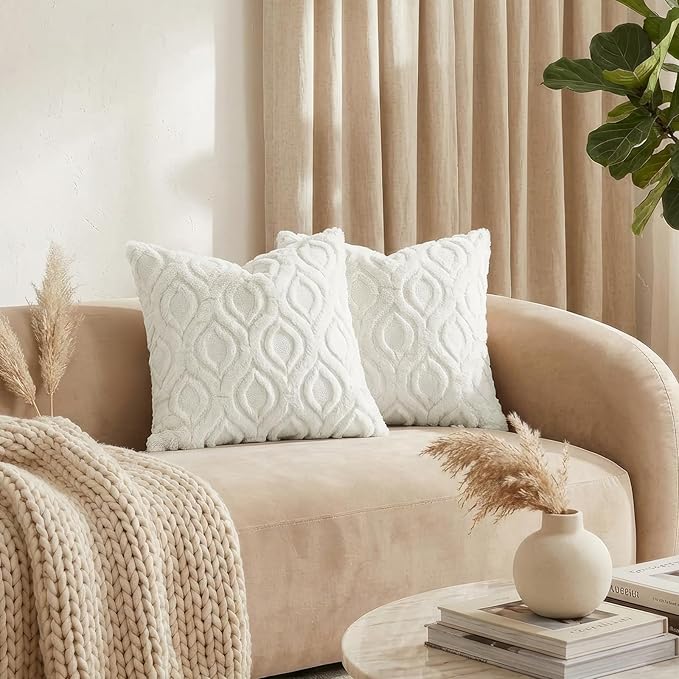 decorUhome Spring Euro Sham Throw Pillow Covers 24x24 Inch Set of 2, Soft Plush Faux Wool Cream Beige Solid Couch Pillow Covers, Accent Farmhouse Neutral Square Pillow Cases for Sofa Bed Living Room