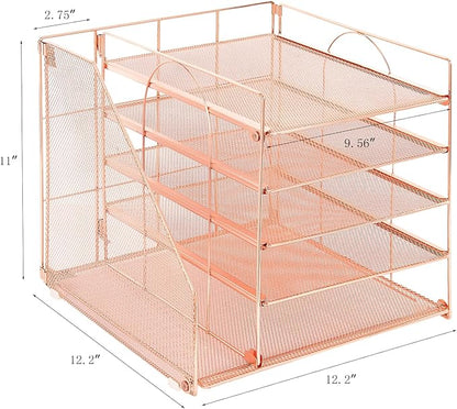 Desk Organizers and Accessories, 5-Tier Paper Letter Tray Organizer with File Holder, Desktop Organizer for Office Supplies (Rose Gold)