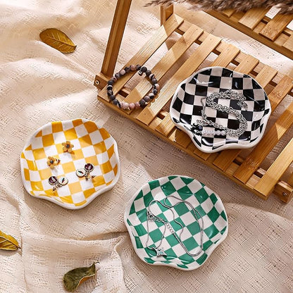 Koythin Ceramic Jewelry Tray, Checkered Pattern Aesthetic Decorative Trinket Dish for Rings, Earrings Necklaces Bracelet Watch Holder, Small Key Bowl, Birthday Mother's Day for Women (Green)