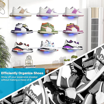 DILIBRA Set of 6 Floating Shoe Display Shelf with Lights, Glow Color Changing Clear Acrylic Shoe Shelf for Wall, Levitating Sneaker Shelves Wall Mount for Display Your Top Shoes Collection