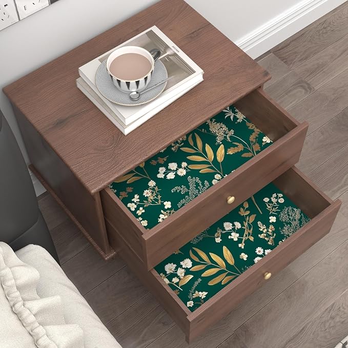 Dark Green Floral Wallpaper Peel and Stick Green Golden Leaf Wallpaper Vintage Floral Contact Paper Waterproof Self Adhesive Boho Delicate Wall Paper for Cabinet Rooms Desk Locker 17.5in x32.8ft