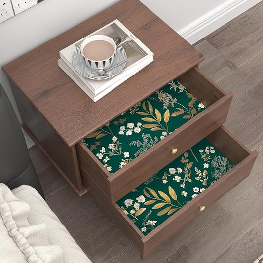 Dark Green Floral Wallpaper Peel and Stick Green Golden Leaf Wallpaper Vintage Floral Contact Paper Waterproof Self Adhesive Boho Delicate Wall Paper for Cabinet Rooms Desk Locker 17.5in x32.8ft