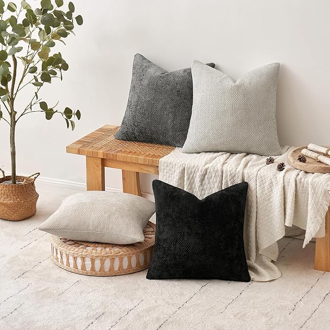 MIULEE Pack of 2 Couch Throw Pillow Covers 20x20 Inch Black Modern Boho Accent Decorative Pillow Covers Soft Chenille Farmhouse Cushion Covers for Home Decor Bed Sofa Living Room