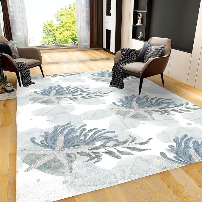 Starfish Seaweed Coral Area Rug, Sea Plants Non Slip Noise Reduction Kids Rugs, Machine Washable Durable Carpet for Indoor Bedroom Living Room Office Decor Rug - 5 ft x 8 ft
