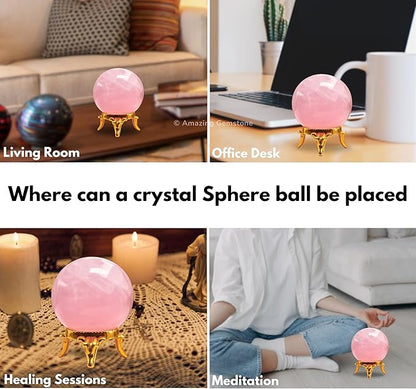 Amazing Gemstone Rose Quartz Crystal Ball with Stand - 1.5 Inches Crystal Sphere Meditation Balls for Witchcraft and Decorative Balls