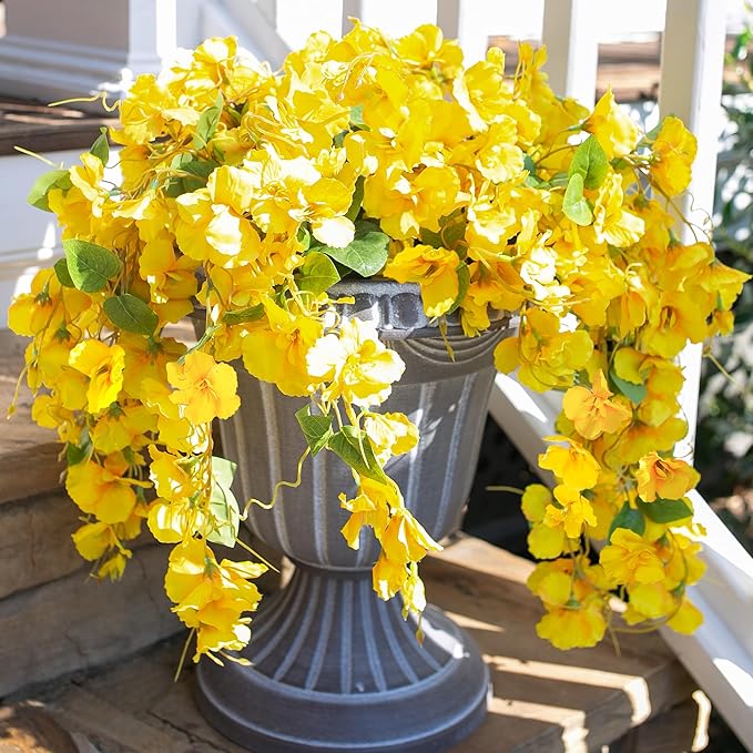 Fake Hibiscus Artificial Hanging Flowers Plants for Outdoors Spring Decoration, 4pcs Silk Hibiscus Vines Realistic UV Resistant Yellow Faux Flowers for Outside Planter Porch Patio Yard Wedding Party
