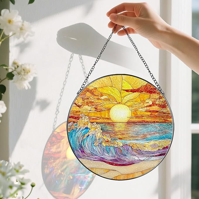 8-Inch Stained Glass Ornament, Stained Glass Window Hanging, Window Hanging Decor Suncatcher, Sunset on The Beach Ornament | Beach Gift, Gifts for Sunset Lovers, Friend, Family & Colleague