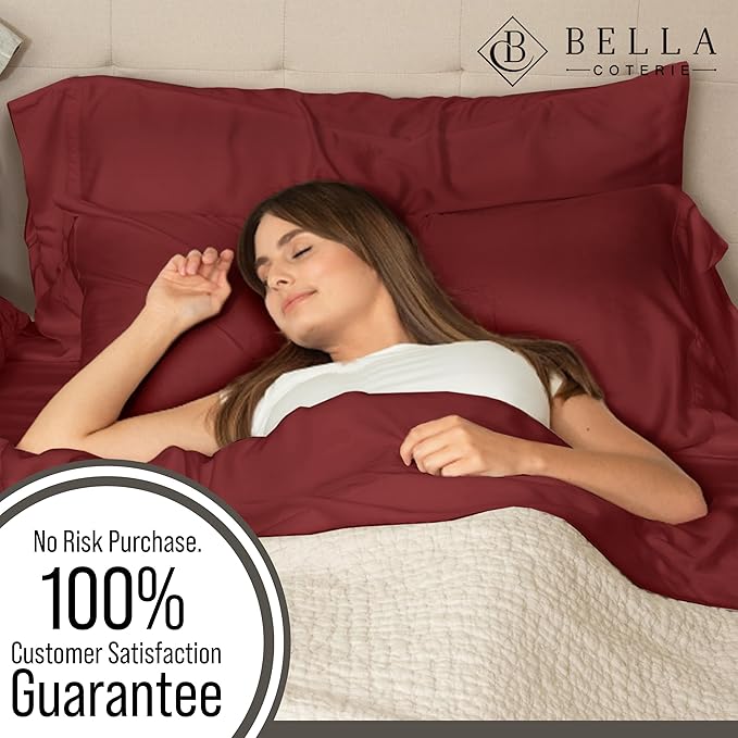 Bella Coterie Luxury Bamboo Viscose Queen Size Sheet Set | 100% Organically Grown | Ultra Soft | Cooling for Hot Sleepers | 18" Deep Pocket [Merlot]