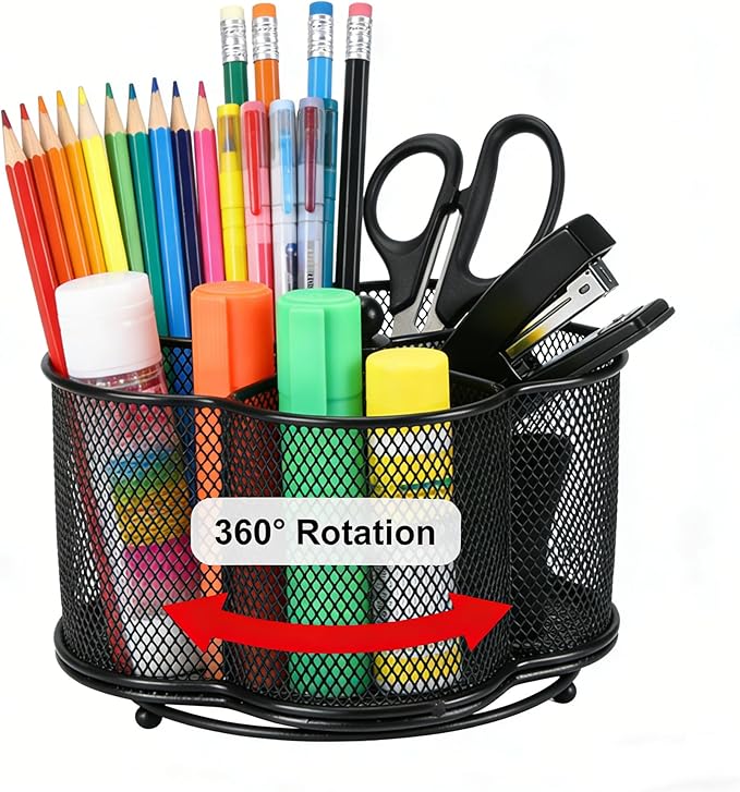 Rotating Pen Holder with 5-Compartment, Metal Mesh Pencil Organizer and Marker Holder for Desk, Crayon Organizer and Spinning Desk Organizer for Office School Supplies, Black