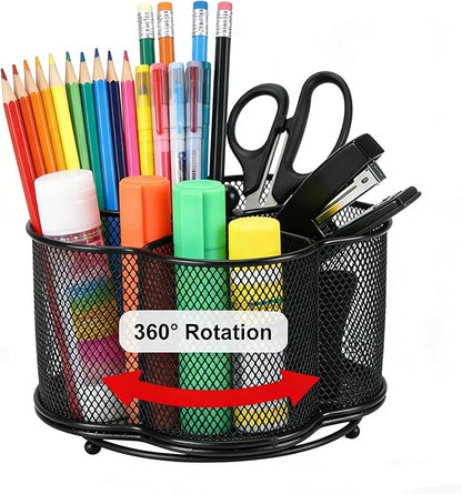 Rotating Pen Holder with 5-Compartment, Metal Mesh Pencil Organizer and Marker Holder for Desk, Crayon Organizer and Spinning Desk Organizer for Office School Supplies, Black