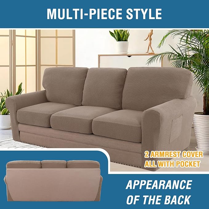 H.VERSAILTEX Multi-Pieces Sofa Covers Stretch Couch Covers Form Fitted Seats and Back Cushions Covers (3 Seat Covers Plus 3 Back Cusion Covers, Bonus 2 Armrest Covers), Macchiato