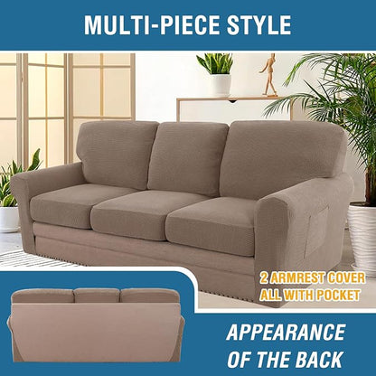 H.VERSAILTEX Multi-Pieces Sofa Covers Stretch Couch Covers Form Fitted Seats and Back Cushions Covers (3 Seat Covers Plus 3 Back Cusion Covers, Bonus 2 Armrest Covers), Macchiato