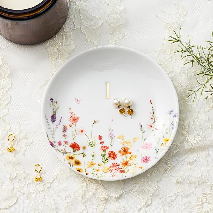 Crisky Initial Jewelry Tray Ring Dish & Gift Box, Ceramic Flower Trinket Dish for Rings Earrings Necklaces Keys, Bridal Shower Engagement Birthday Gift for Women, Friends 4.57" (Gold Foil L