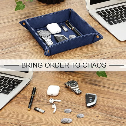 SITHON Valet Tray Desktop Storage Organizer – Premium PU Leather Catchall Bedside Vanity Tray Nightstand Caddy Holder for Remote Controller, Keys, Phone, Wallet, Coin, Jewelry, Dark Blue