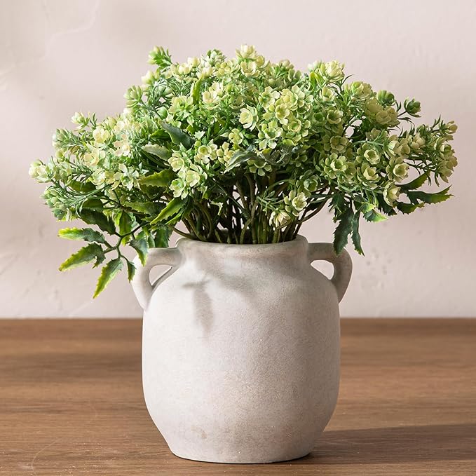 Ceramic Flower Vase Home Decor - 6 Inch Farmhouse Rustic White Table Vases with Handle Living Room Decoration Decorative Vintage Pottery for Kitchen Shelf Coffee Dining Desk Bookshelf Fireplace