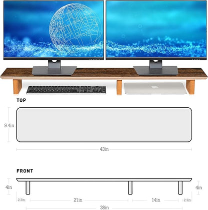 Large Dual Monitor Stand Riser - Solid Wood Desk Shelf with Eco Cork Legs for Laptop Computer/TV/PC/Printers, Perfect Desktop Stands Organizer with Underneath Storage for Office Accessories,Vintage