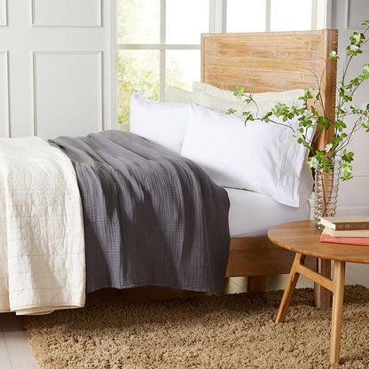 100% Cotton Muslin Full Queen Size Blanket | Soft, Breathable, and Lightweight Bed Blanket for All-Season | Perfect for Layering | Maria Collection (Full/Queen, Charcoal)