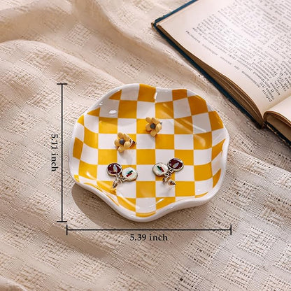 Koythin Ceramic Jewelry Tray, Checkered Pattern Aesthetic Decorative Trinket Dish for Rings, Earrings Necklaces Bracelet Watch Holder, Small Key Bowl, Birthday Mother's Day for Women (Orange)