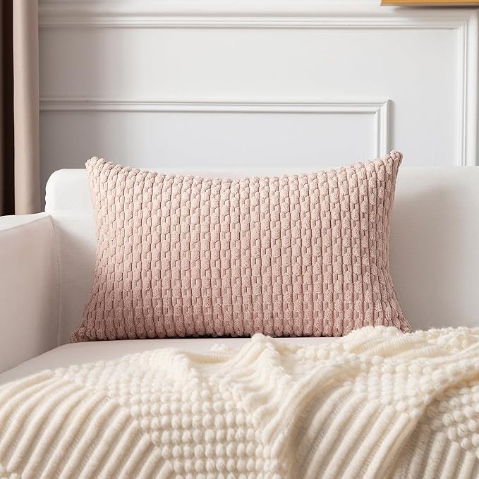 Kevin Textile Pack of 2 Corduroy Decorative Throw Pillow Covers 12x20 Inch Valentine' s Day Soft Boho Striped Pillow Covers Modern Home Decor Gifts for Spring Sofa Living Room Couch Bed Light Pink