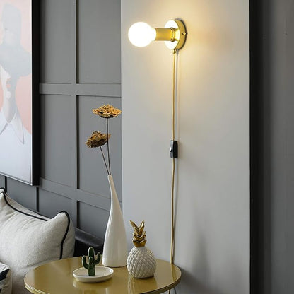 BRIGHTTIA Plug-in Simple Ring Wall Sconce Light - Brushed Gold - Modern Minimalist Lighting for Apartments and Dorms - Mid Century Industrial Exposed Bulb Wall Lamp - 15Ft Fabric Cord (BW0005-1GP)
